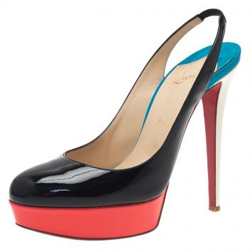 Pre Owned Christian Louboutin Tricolor Patent Bianca Platform Slingback Sandals Size 39
