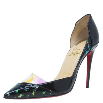 Pre Owned Christian Louboutin Black Patent and PVC Tac Clac D'Orsay Pumps Size 35.5