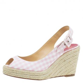 Pre Owned Christian Louboutin Pink Canvas Menorca Gingham Espadrille Wedge Sandals Size 36