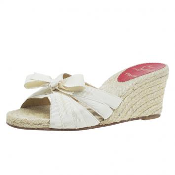 Pre Owned Christian Louboutin Cream Bow Espadrille Wedge Slides Size 38