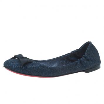 Pre Owned Christian Louboutin Blue Glitter Air Loubi Bow Ballet Flats Size 40