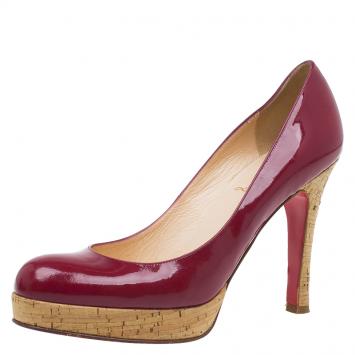 Pre Owned Christian Louboutin Red Patent Bruges Cork Platform Pumps Size 36.5