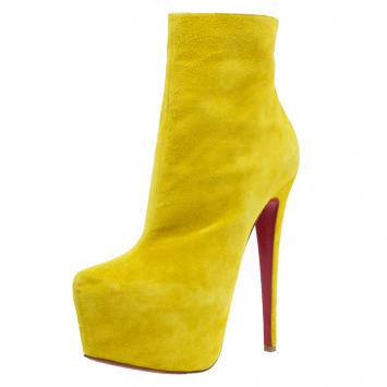 Pre Owned Christian Louboutin Yellow Suede Lady Daf Platform Ankle Boots Size 38.5