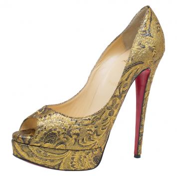 Pre Owned Christian Louboutin Gold Fabric Lady Peep Brocart Peep Toe Platform Pumps Size 41