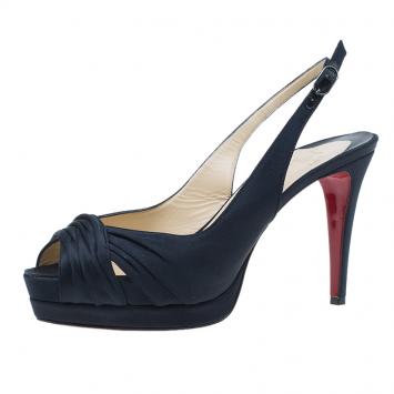 Pre Owned Christian Louboutin Black Pleated Satin Platform Satin Slingback Sandals Size 38