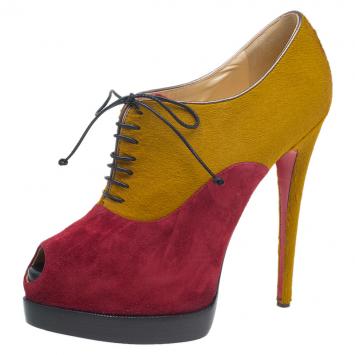 Pre Owned Christian Louboutin Yellow Pony Hair and Red Suede Miss Poppins Lace Up Peep Toe Platform Booties Size 41