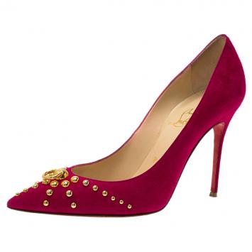 Pre Owned Christian Louboutin Pink Suede Door Knock Studded Pumps Size 37.5
