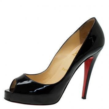 Pre Owned Christian Louboutin Black Patent Very Prive Peep Toe Pumps Size 38.5