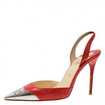 Pre Owned Christian Louboutin Red Leather Calamijane Metal Cap Toe Slingback Sandals Size 37