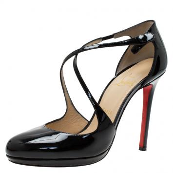 Pre Owned Christian Louboutin Black Patent Crosspiga Almond Toe Platform Pumps Size 39