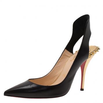 Pre Owned Christian Louboutin Black and Gold Leather Survivita Spiked Slingback Sandals Size 36.5