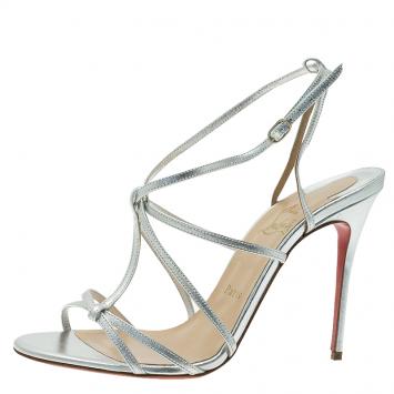 Pre Owned Christian Louboutin Metallic Silver Audrey Strappy Sandals Size 38.5