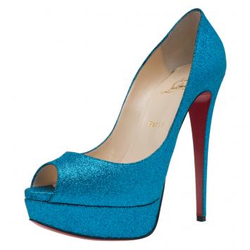 Pre Owned Christian Louboutin Blue Glitter Lady Peep Toe Platform Pumps Size 39.5