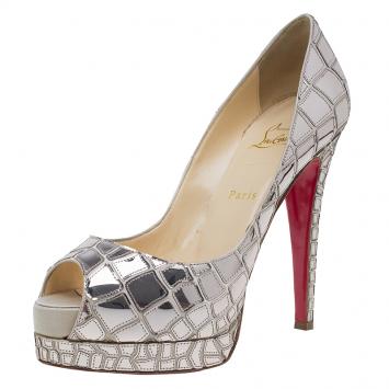 Pre Owned Christian Louboutin Silver Satin Mosaic Sobek Peep Toe Platform Pumps Size 39