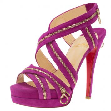 Pre Owned Christian Louboutin Pink Suede Rodita Zipper Detail Platform Sandals Size 36.5