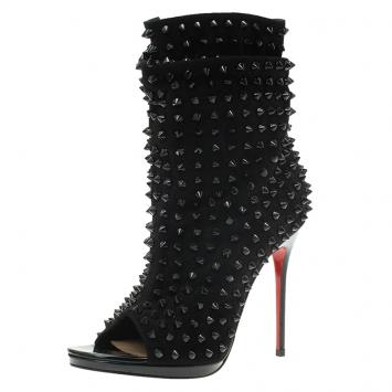 Pre Owned Christian Louboutin Black Spiked Suede Guerilla Open Toe Slouchy Ankle Boots Size 37.5