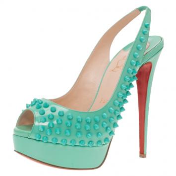Pre Owned Christian Louboutin Turquoise Patent Lady Peep Toe Spike Platform Slingback Sandals Size 37