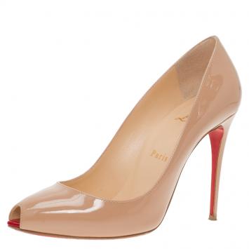Pre Owned Christian Louboutin Beige Patent Tibur Peep Toe Pumps Size 37