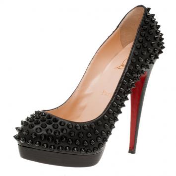 Pre Owned Christian Louboutin Black Leather Alti Spikes Platform Pumps Size 37.5