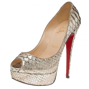 Pre Owned Christian Louboutin Metallic Python Lady Peep Toe Platform Pumps Size 37