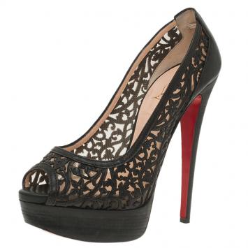 Pre Owned Christian Louboutin Black Laser Cut Leather Pampas Platform Pumps Size 37.5