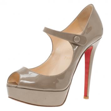 Pre Owned Christian Louboutin Metallic Beige Patent Bana Mary Jane Platform Pumps Size 37.5