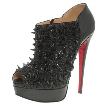 Pre Owned Christian Louboutin Black Patent Bridget's Back Spike Peep Toe Ankle Boots Size 37