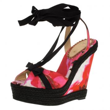 Pre Owned Christian Louboutin Pink Floral Canvas Isabella Espadrille Tie Around Wedge Sandals Size 37