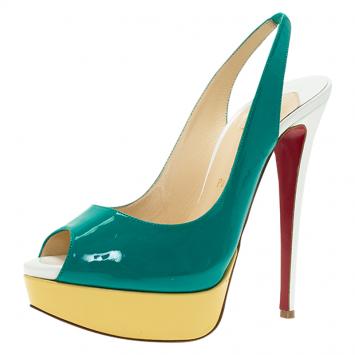 Pre Owned Christian Louboutin Tricolored Patent Lady Peep Toe Platform Slingback Sandals Size 37.5