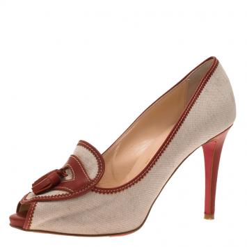 Pre Owned Christian Louboutin Beige Canvas and Red Leather Tassel Campus Loafer Pumps Size 37.5