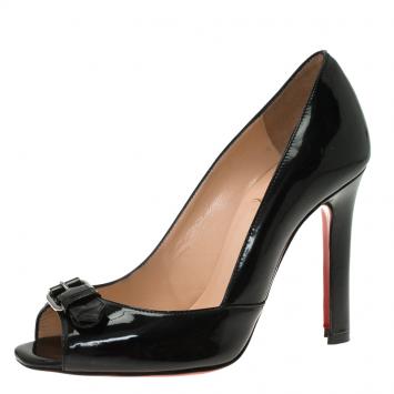 Pre Owned Christian Louboutin Black Patent Open Belt Peep Toe Pumps Size 36