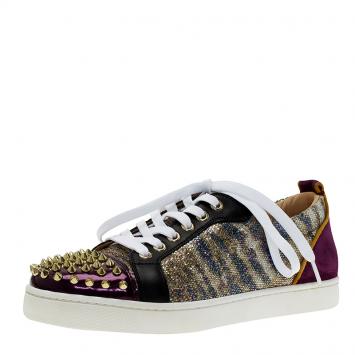 Pre Owned Christian Louboutin Purple Metallic Leather Spiked Louis Junior Sneakers Size 39
