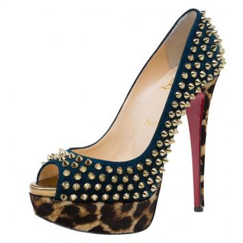 Pre Owned Christian Louboutin Blue Suede and Leopard Pony Hair Spiked Lady Peep Toe Platform Pumps Size 36.5