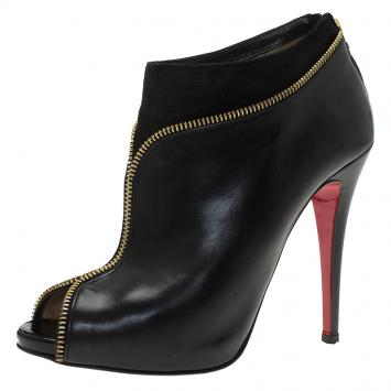Pre Owned Christian Louboutin Black Leather and Suede Col Zippe Ankle Boots Size 39