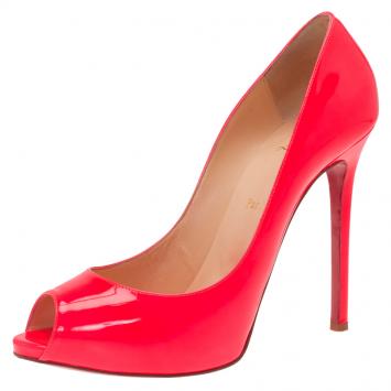 Pre Owned Christian Louboutin Neon Pink Patent Flo Peep Toe Pumps Size 40.5