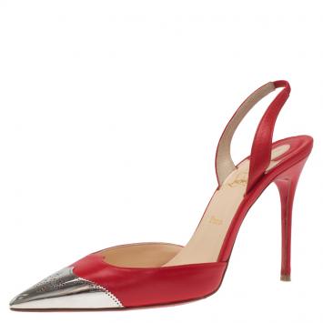 Pre Owned Christian Louboutin Red Leather Calamijane Metal Cap Toe Slingback Sandals Size 37