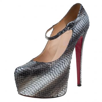 Pre Owned Christian Louboutin Grey Metallic Python Lady Daf Mary Jane Platform Pumps Size 38.5