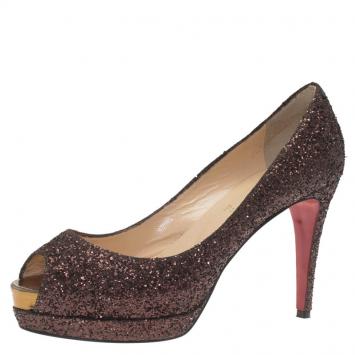 Pre Owned Christian Louboutin Brown Glitter Altadama Peep Toe Platform Pumps Size 39