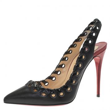 Pre Owned Christian Louboutin Black Leather Whipstitch Ostri Slingback Sandals Size 37.5