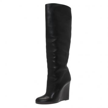 Pre Owned Christian Louboutin Black Leather Zepita Wedge Knee Boots Size 40