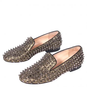 مملوكة مسبقًا Christian Louboutin Gold Glitter Rolling Spikes Smoking Slippers Size 37