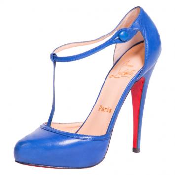 Pre Owned Christian Louboutin Blue Leather Catwoman T Strap Pumps Size 36
