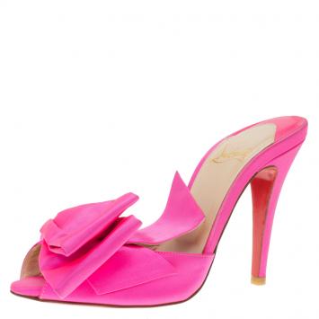 Pre Owned Christian Louboutin Pink Satin Dorcet Bow Mules Size 35.5