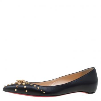 Pre Owned Christian Louboutin Black Leather Door Knock Studded Ballet Flats Size 38