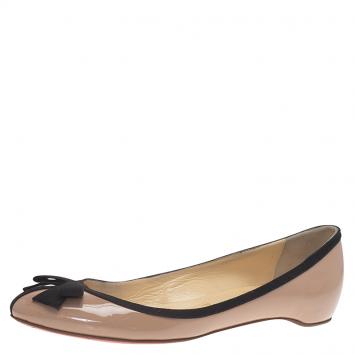 Pre Owned Christian Louboutin Beige Patent Balinodono Bow Ballet Flats Size 36.5