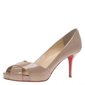 Pre Owned Christian Louboutin Beige Patent Shelley Criss Cross Pumps Size 40.5