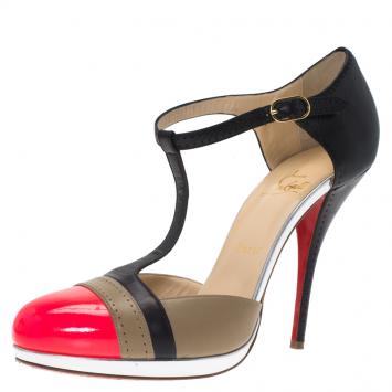 Pre Owned Christian Louboutin Tri Color Leather T Strap Pumps Size 40