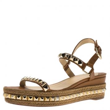 Pre Owned Christian Louboutin Brown Studded Leather Cataclou Espadrille Wedge Sandals Size 40