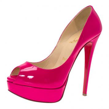 Pre Owned Christian Louboutin Hot Pink Patent Lady Peep Toe Platform Pumps Size 37.5