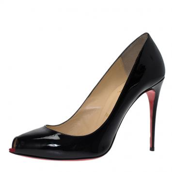 Pre Owned Christian Louboutin Black Patent Tibur Peep Toe Pumps Size 39